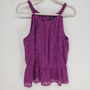 Nicole Miller Floral Lace Peplum Tank Top Womens Large Purple Halter Sleeveless